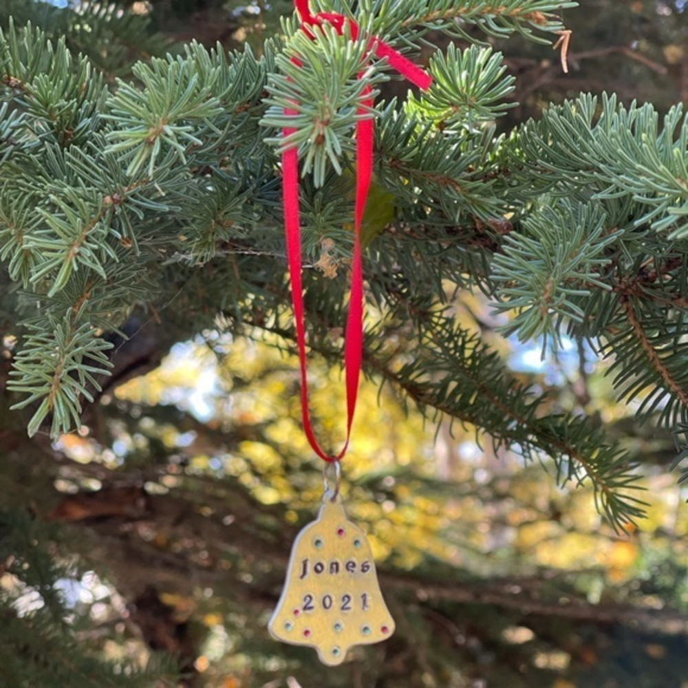 Handmade stamped bell silver personalized holiday Christmas aluminum ornament